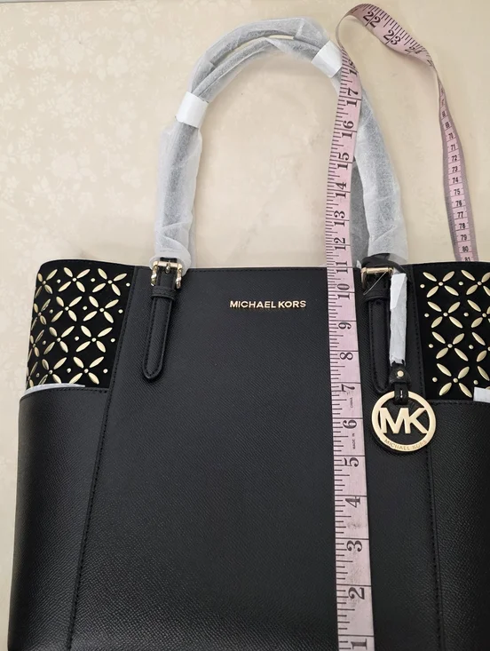 NWT Michael Kors Charlotte Large Top Zip Tote - Black Saffiano with Gold Floral - Picture 10 of 11